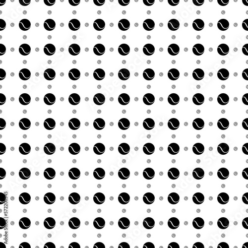Square seamless background pattern from black tennis balls are different sizes and opacity. The pattern is evenly filled. Vector illustration on white background