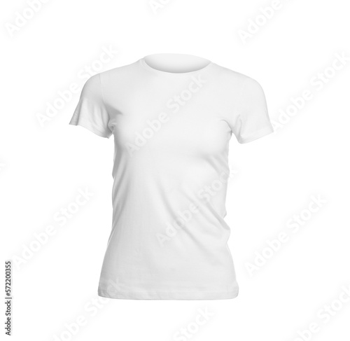 Mannequin with stylish women's t-shirt isolated on white. Mockup for design