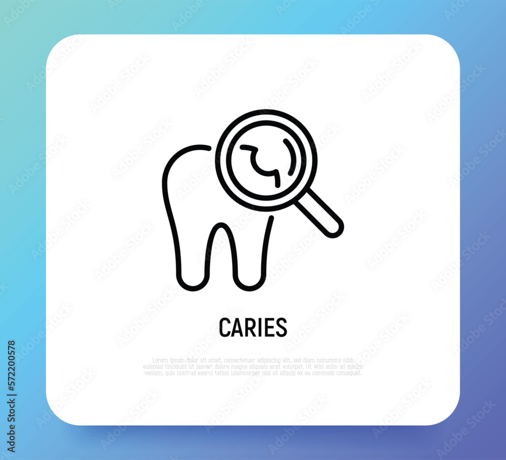 Tooth with caries under magnifier. Toothache. Thin line icon. Dentistry, stomatology. Vector illustration. Tooth with caries under magnifier. Toothache. Thin line icon. Dentistry, stomatology. Vector illustration.