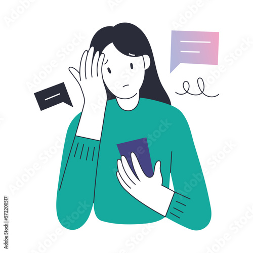 Young worried woman reading bad news online in her social media feed, concerned frustrated person with sad face expression, touching her forehead, holding phone, cartoon character, vector illustration