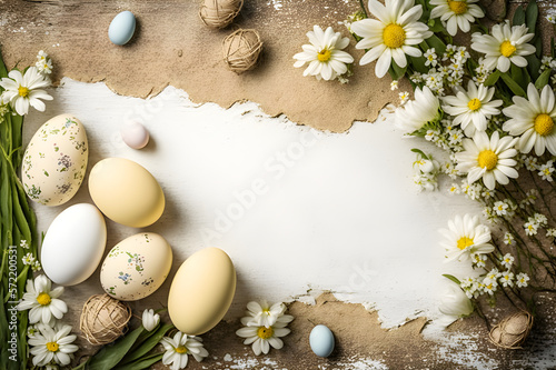 easter background with eggs and flowers generative ai