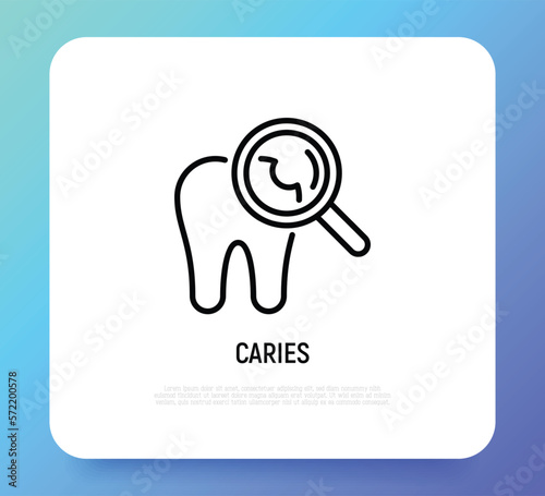 Tooth with caries under magnifier. Toothache. Thin line icon. Dentistry  stomatology. Vector illustration.
