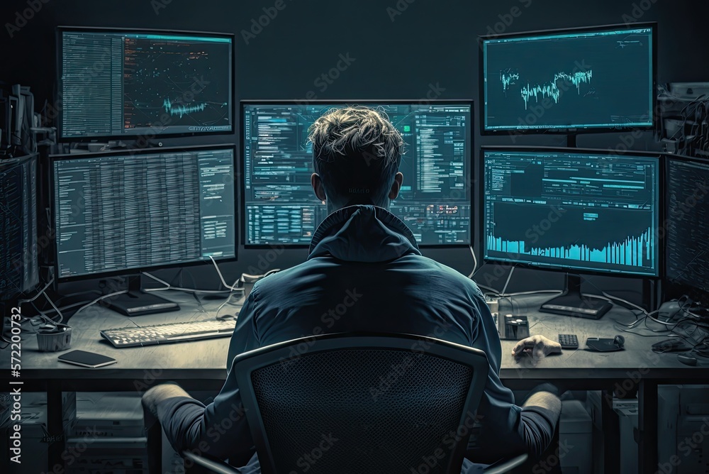 The back view of a trader who trades on the stock market, sits behind monitors with charts, prepares for a fall in stock prices. Ai generative. - obrazy, fototapety, plakaty 