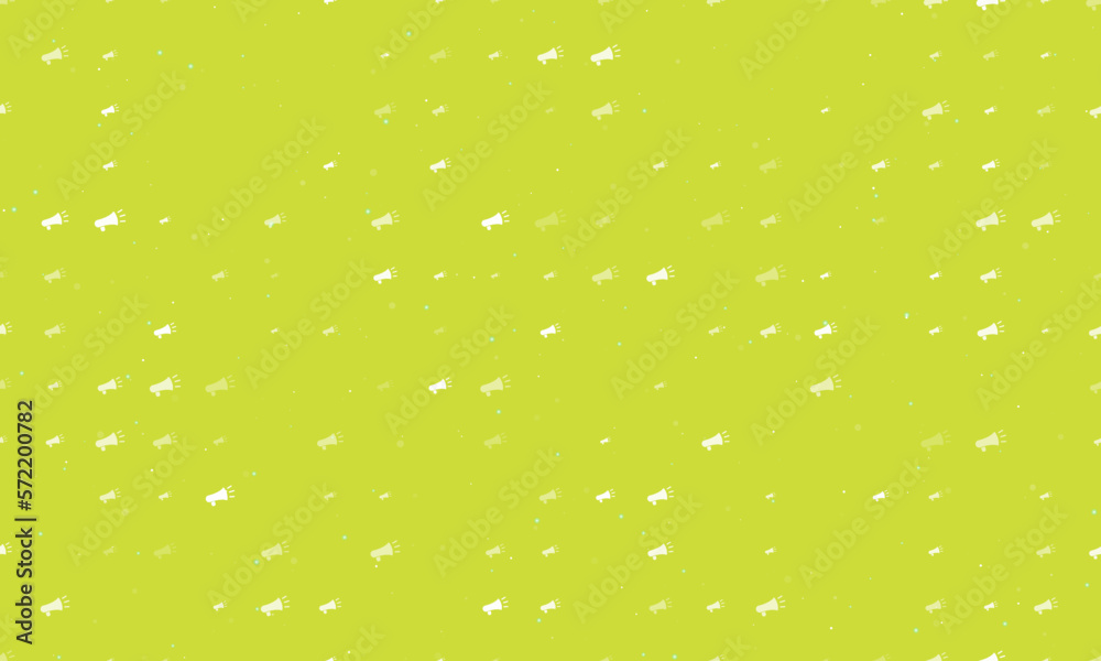 Seamless background pattern of evenly spaced white megaphone symbols of different sizes and opacity. Vector illustration on lime background with stars