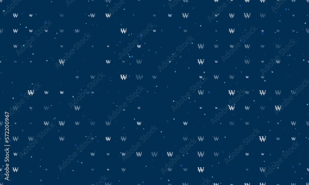 Seamless background pattern of evenly spaced white Korean won signs of different sizes and opacity. Vector illustration on dark blue background with stars