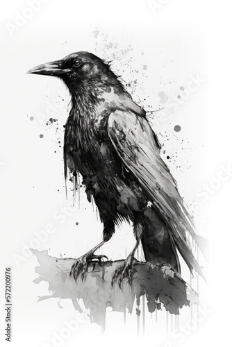 Black and white ai art sketch of a crow with ink blots and splats. Generative ai.