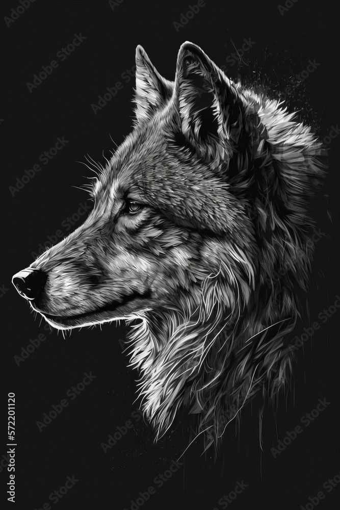 Fototapeta premium Black and white artwork closeup of a wolf from the side. Dark background. Highly detailed. Generative ai.