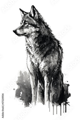 Ai artwork greyscale sketch of a wolf standing and looking to the left. Generative ai.