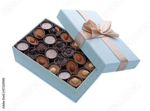 Box of delicious chocolate candies isolated on white