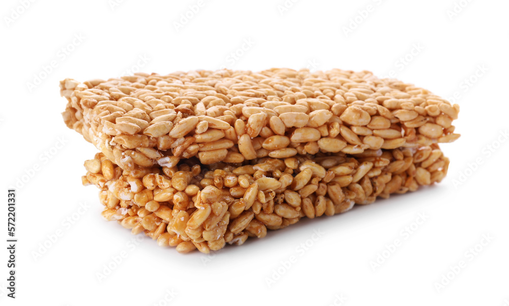 Puffed rice bars (kozinaki) on white background Puffed rice bars (kozinaki) on white background