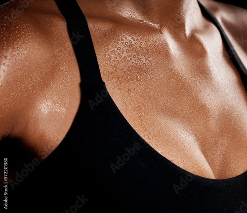 Obraz na płótnie Woman, sweat and chest from fitness workout or intense physical exercise in fat burn or weight loss