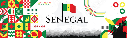 Senegal independence from France Banner with map, flag colors theme background and geometric abstract retro modern, red yellow and green design. illustration banner design template.
