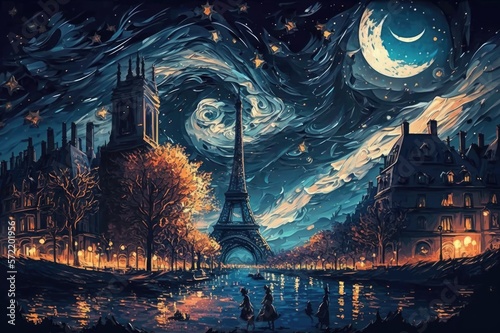 Starry Night Paris City. Generative AI.