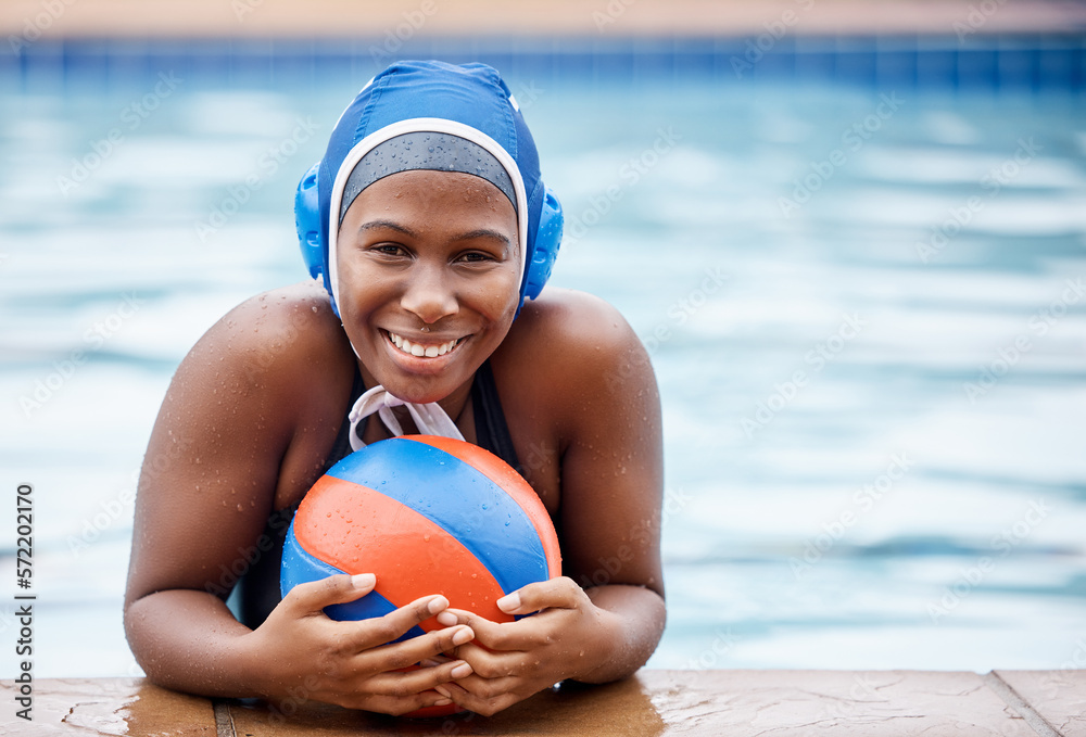 Portrait, water polo or happy black woman in swimming pool for exercise, workout or practice in sports fitness. Relax, ball or healthy African girl swimmer with motivation, smile or training goals