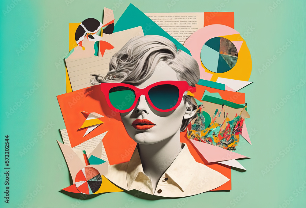 Abstract modern art collage portrait of young woman. Trendy paper collage composition. Generative ai - obrazy, fototapety, plakaty 