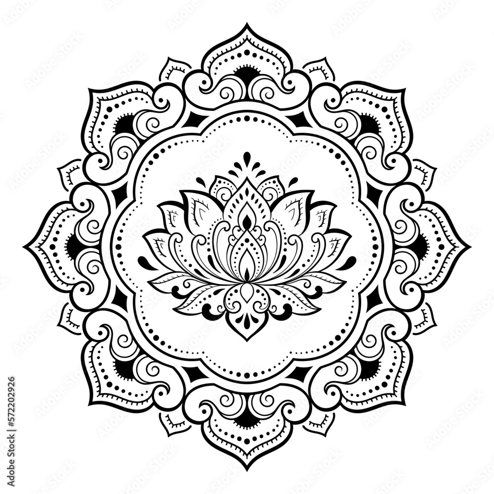 Circular pattern in form of mandala with Lotus flower for Henna, Mehndi, tattoo, decoration. Decorative ornament in ethnic oriental style. Outline doodle hand draw vector illustration. Circular pattern in form of mandala with Lotus flower for Henna, Mehndi, tattoo, decoration. Decorative ornament in ethnic oriental style. Outline doodle hand draw vector illustration.