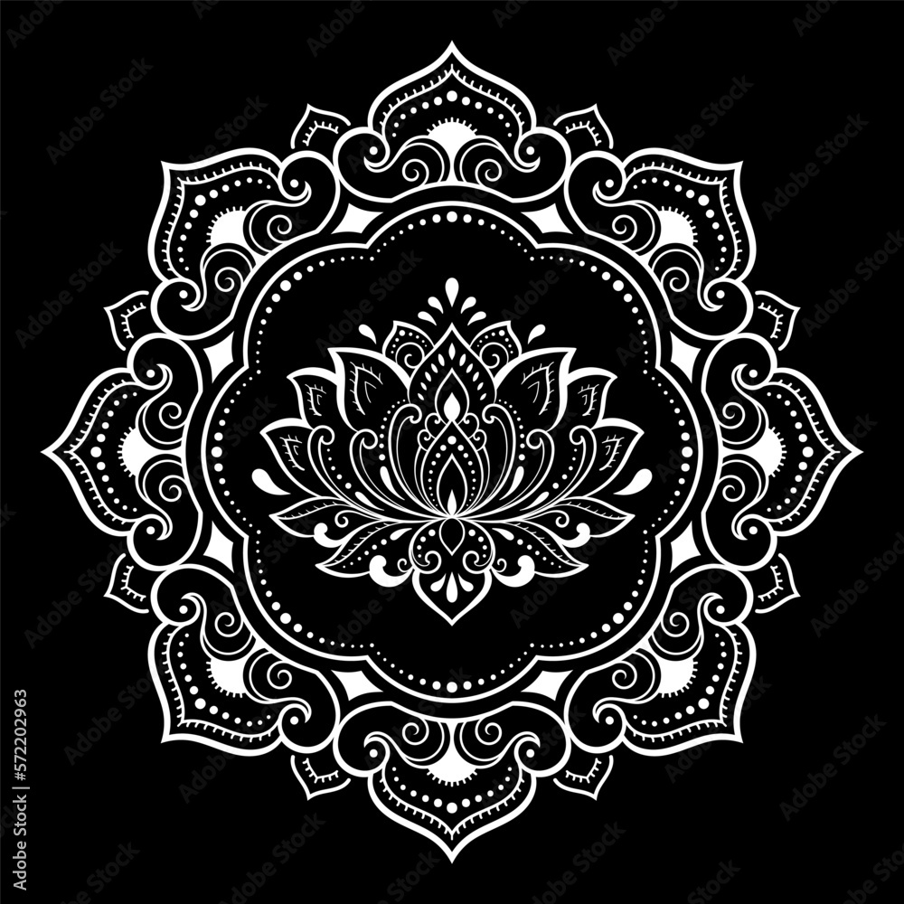 Circular pattern in form of mandala with Lotus flower for Henna, Mehndi, tattoo, decoration. Decorative ornament in ethnic oriental style. Outline doodle hand draw vector illustration.