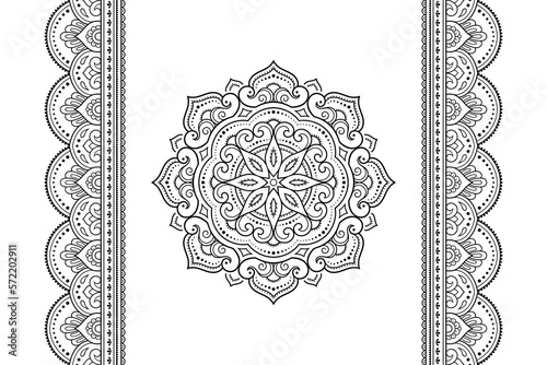 Set of mandala pattern and seamless border for Henna drawing and tattoo. Decoration in ethnic oriental mehndi, Indian style. Doodle ornament in black and white. Hand draw vector illustration.
