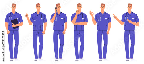 Group of male nurses with different gestures. Doctor with stethoscope and wearing scrubs isolated on white. Medic thinks, calls, thumbs up, points with fingers, gestures Ok. Flat style vector.
