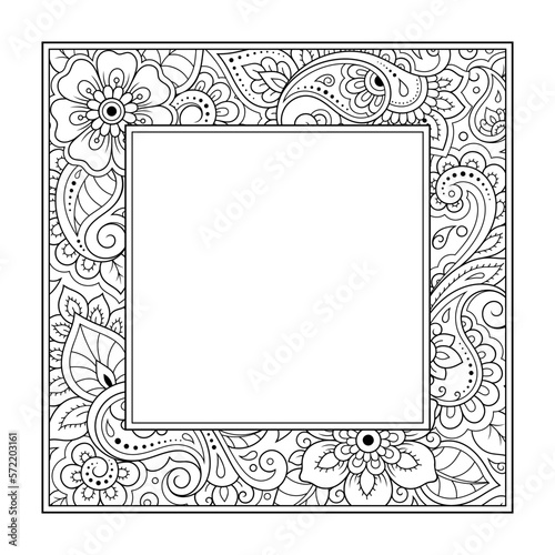 Frame in eastern tradition. Stylized with henna tattoos decorative pattern for decorating covers for book, notebook, casket, magazine, postcard and folder. Flower border in mehndi style.
