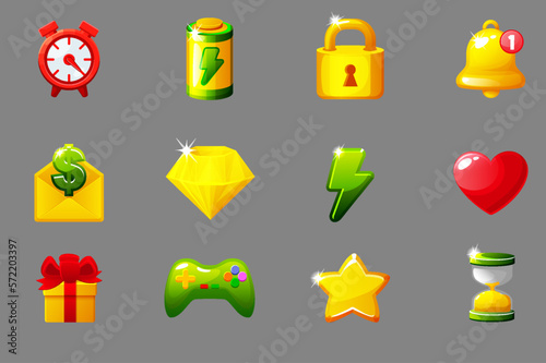 Set of game icons for UI. GUI elements for mobile app