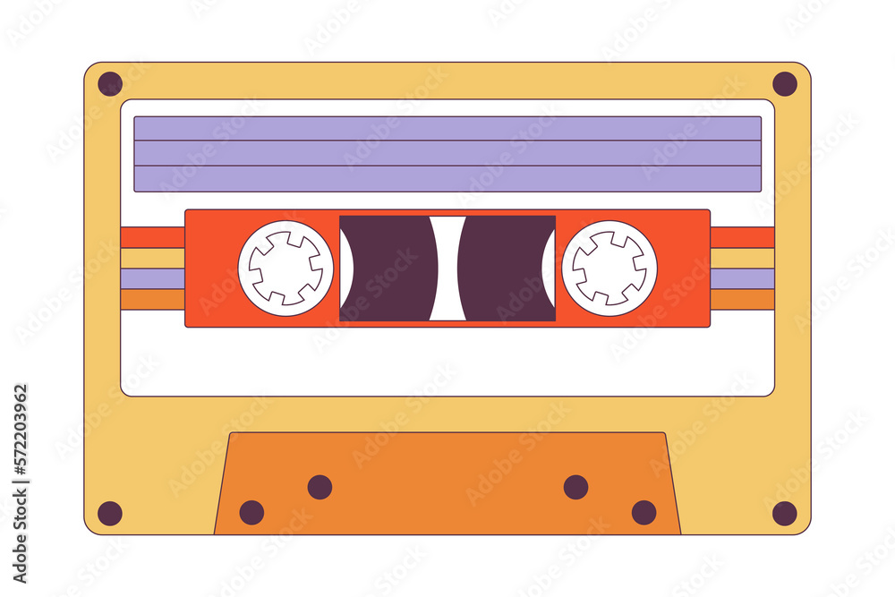 Naklejka premium Retro stereo music cassette tape disco. Analogue magnetic audio tape. Cassette with retro label as vintage object for 80s revival mix tape design. Flat cartoon vector illustration on white background.