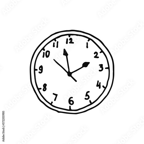 Round wall clock. A device for determining the time within a day. Doodle. Vector illustration. Hand drawn. Outline.