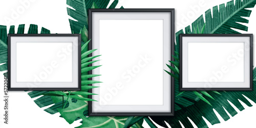 vertical frame mockup on a white gallery wall with wooden floor, palm leaves and green leaf plant illustration.