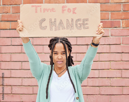 Fotografie Poster, protest and black woman in portrait, human rights and equality with politics, transformation and time for change