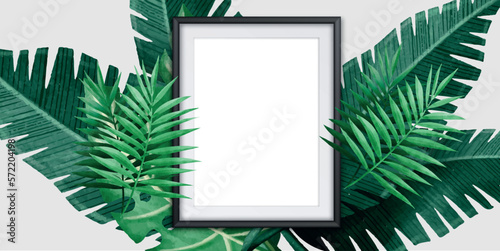 vertical frame mockup on a white gallery wall with wooden floor, palm leaves and green leaf plant illustration.