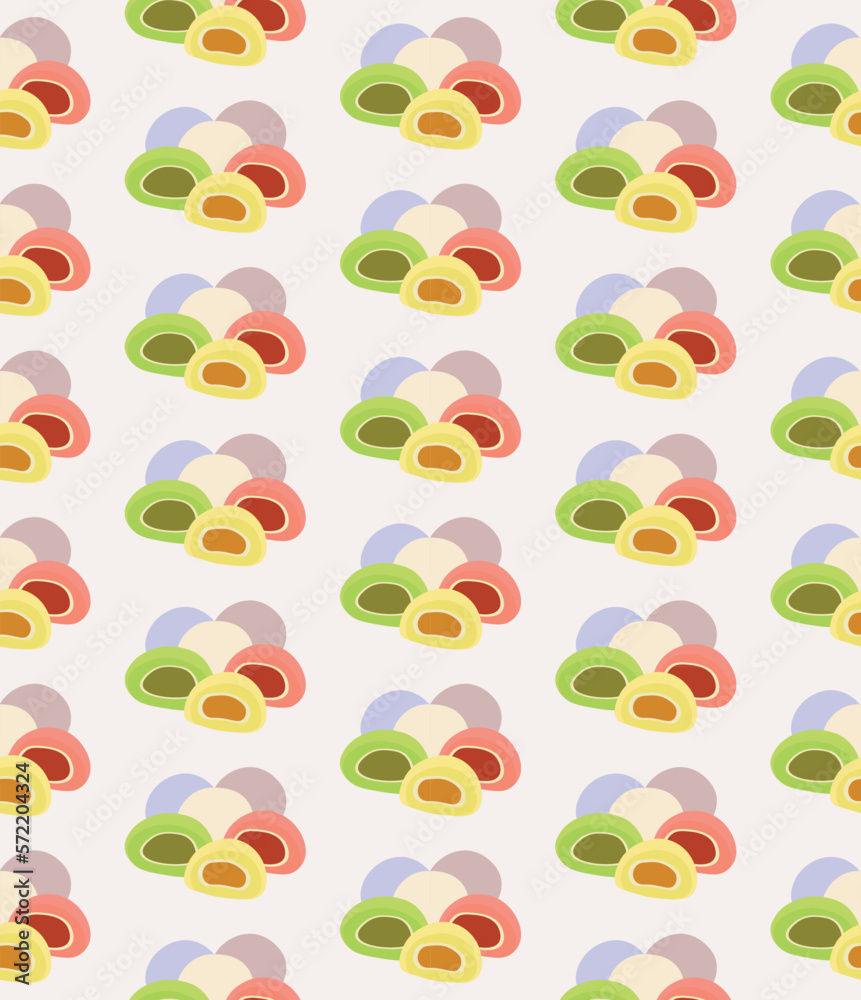 Seamless pattern with Asian cuisine dish mochi. Template for fabric, textile, wallpaper, paper, packaging. Vector illustration