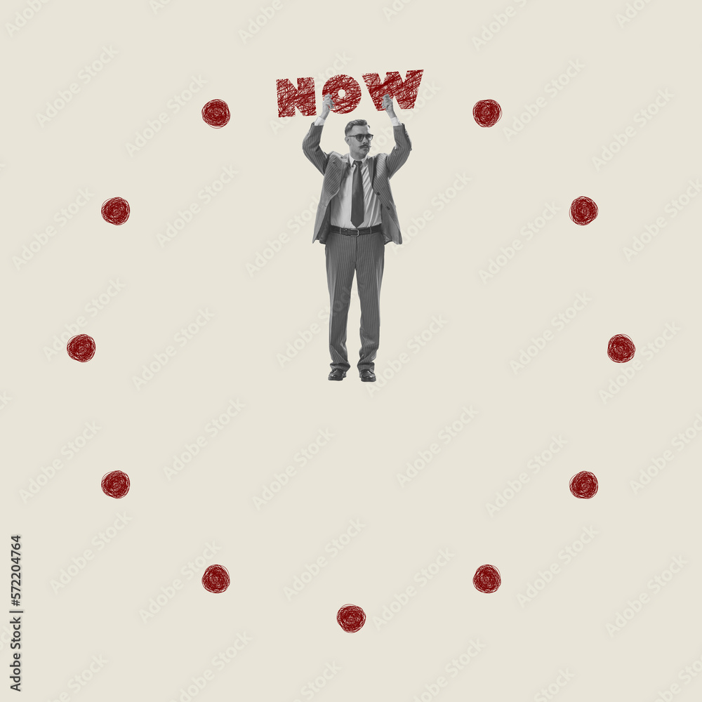 Contemporary artwork. Businessman giving motivation. Now or never. Time management, successful planning. Concept of business and ambitions, psychology, inner world, growth, feelings. Conceptual art Contemporary artwork. Businessman giving motivation. Now or never. Time management, successful planning. Concept of business and ambitions, psychology, inner world, growth, feelings. Conceptual art