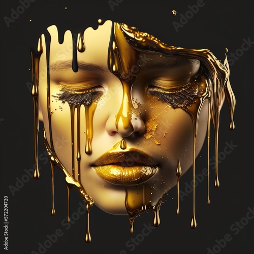 Spots of gold paint dripping from the face, lips and hands, lip gloss dripping from the lips, golden liquid drops on the girl's mouth, golden metallic skin makeup. generation al