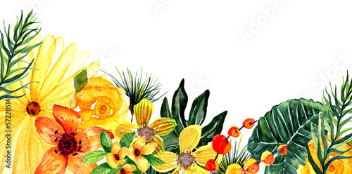 Banner con fiori tropicali, illustrazione ad acquerello isolata su sfondo bianco photo