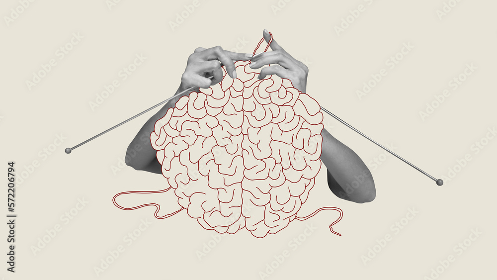 Contemporary art collage. Human hands knitting brain. Growing psychological and emotional stability. Abstract design. Concept of psychology, inner world, mental health, feelings. Conceptual art - obrazy, fototapety, plakaty 