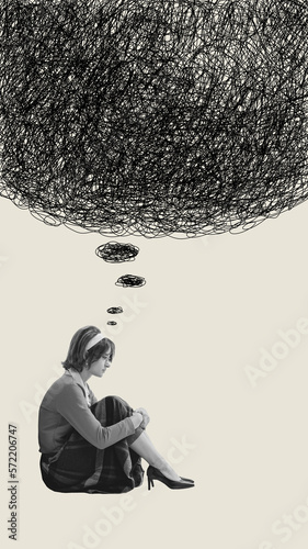 Contemporary art collage. Young woman suffering from obsessive tangled thoughts. Mental disorders, breakdown. Concept of psychology, inner world, mental health, feelings. Conceptual art