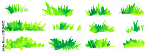 Vector green hand painted watercolor grass. Hand drawn bio, organic, natural, eco friendly design elements. Bright fresh green grass field meadow lawn textures