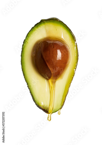 Huile d'avocat fruit ouvert fond blanc