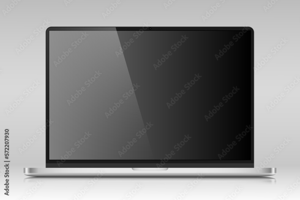Realistic layout of a modern laptop in a silver metal case. A laptop with an empty black screen on a gray background. Vector illustration. Realistic layout of a modern laptop in a silver metal case. A laptop with an empty black screen on a gray background. Vector illustration.