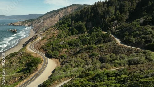 Drone shot of the scenic highway along California's beautiful coastline. photo