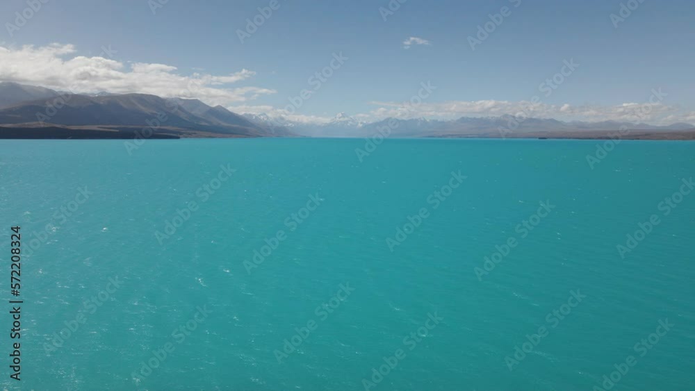 High angle view over distinctly blue glacial Lake Pukaki, Southland, NZ High angle view over distinctly blue glacial Lake Pukaki, Southland, NZ