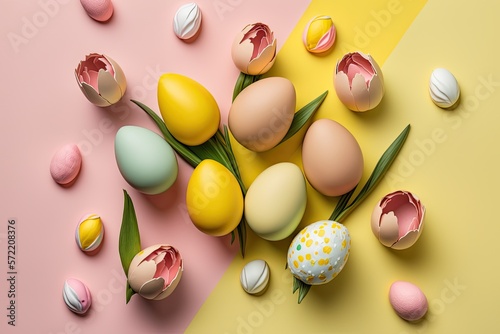 Stylish background with colorful easter eggs isolated on yellow background with pink tulip flowers. Ai generative.