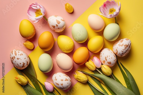 Stylish background with colorful easter eggs isolated on yellow background with yellow tulip flowers. Ai generative.