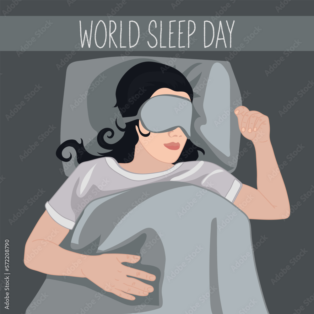 Banner world Sleep Day A happy young woman is fast asleep, she is having a good dream The girl is lying in bed under a soft duvet and fast asleep. Sleep tight, sweet dreams concept Vector illustration