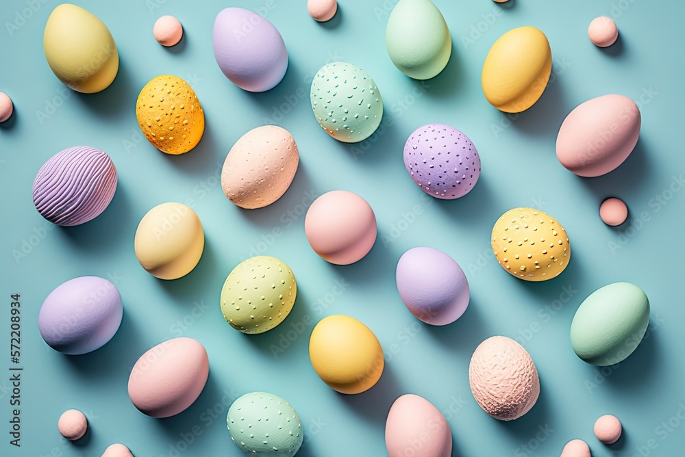 Pastel Easter eggs on blue background top view. Ai generative. Pastel Easter eggs on blue background top view. Ai generative.