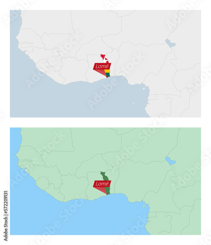 Togo map with pin of country capital. Two types of Togo map with neighboring countries.
