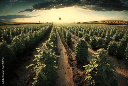 Hemp field farming, green marijuana crops generative ai