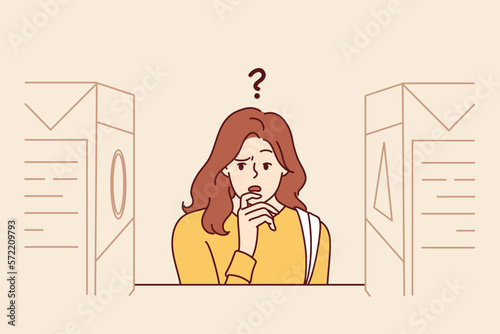 Woman is trying to make choice between two similar products with different brand placed on store shelves. Concept difficulty in user choice due to lack product information or bad marketing for brand 