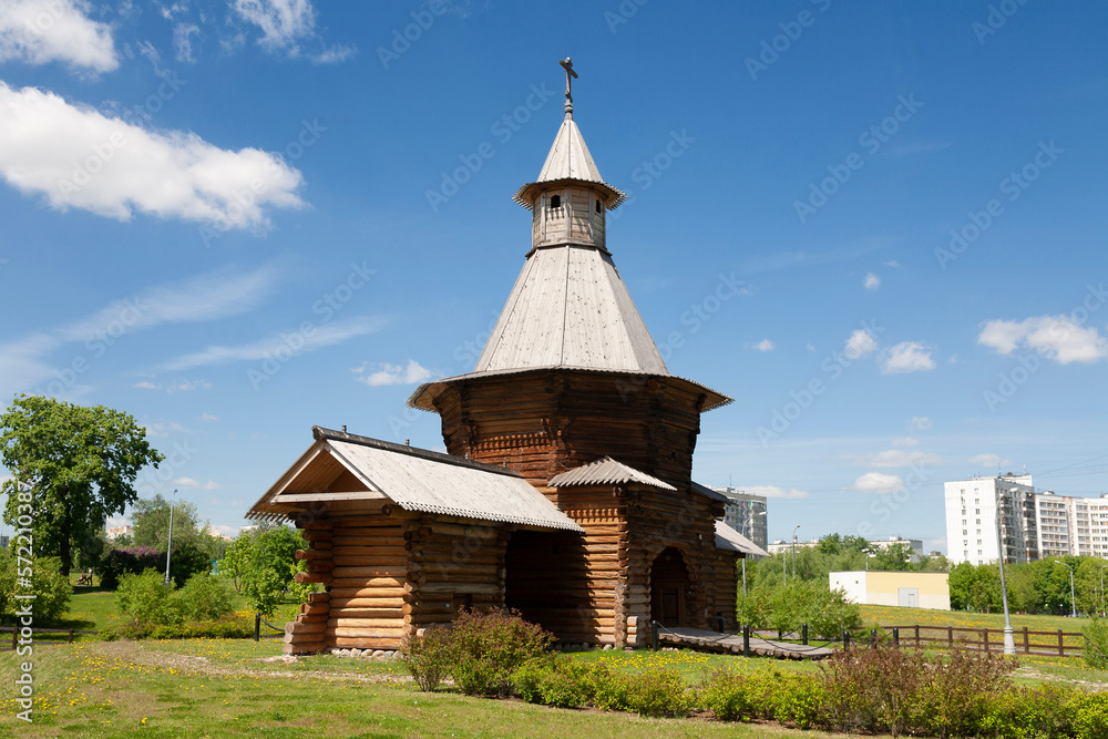 The museum of wooden architecture, in the Kolomenskoye museum-reserve. The gate tower of the Nikolo-Karelian monastery (1692). Moscow, Russia