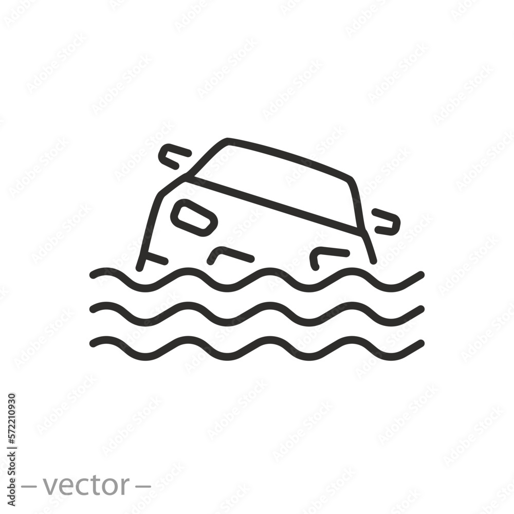 flood car icon, flooded road, natural disaster, auto in water waves